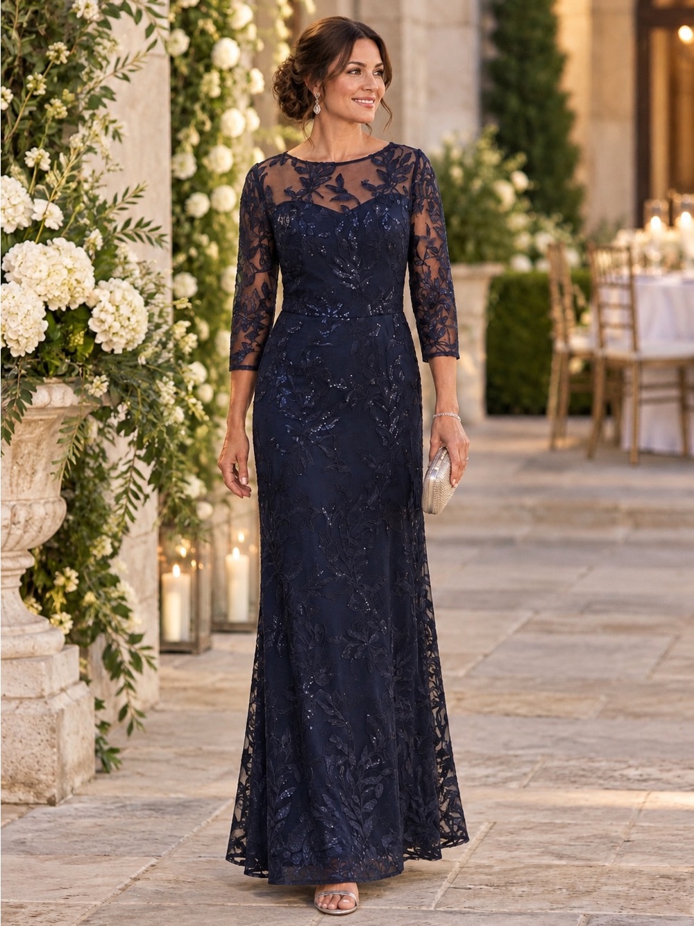 R&M Richards Women's Navy Sequin Floral Illusion 3/4 Sleeve Maxi Dress 14